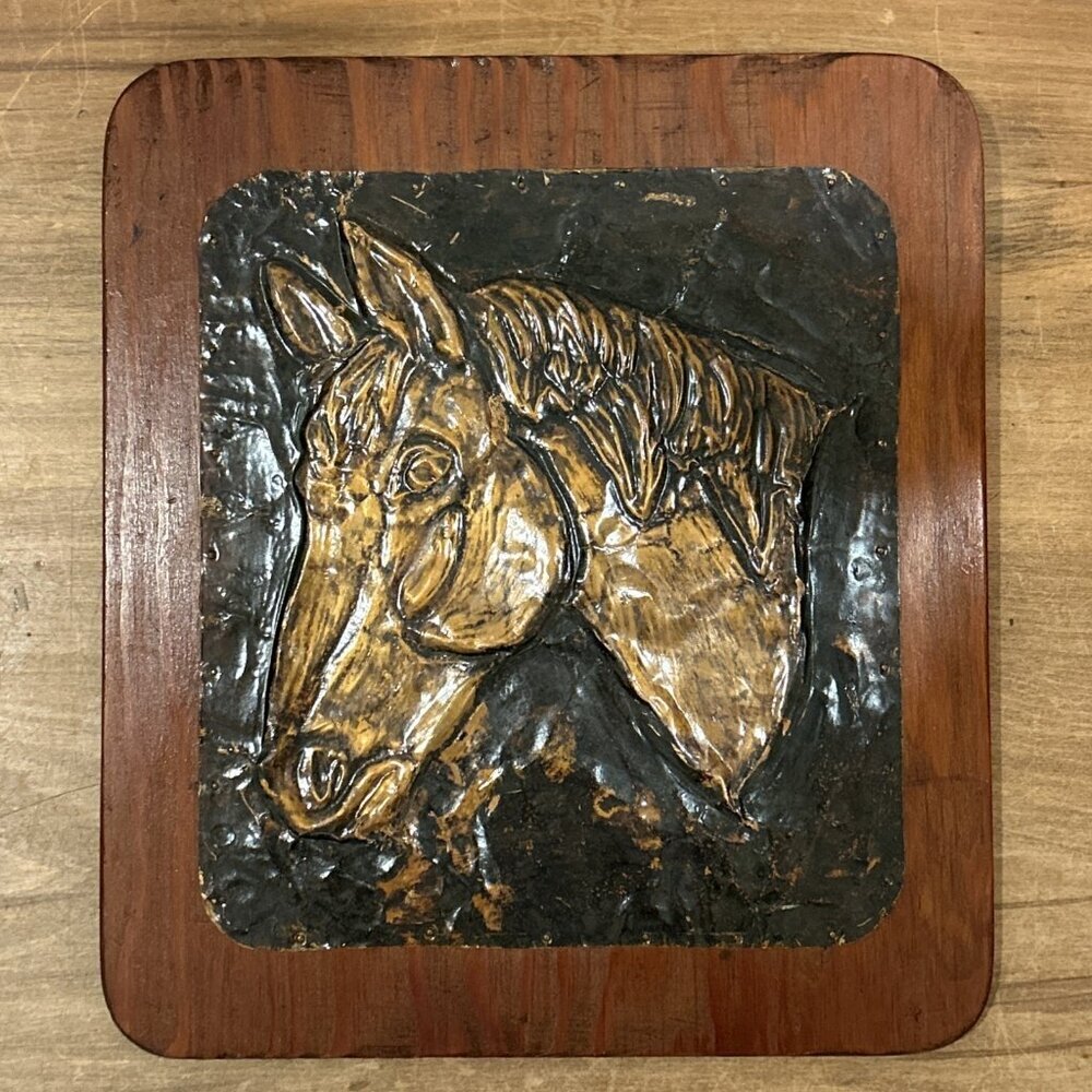 Vtg 50s Folk Art Wall Plaque Hammered Embossed Copper Horse Equestrian Western